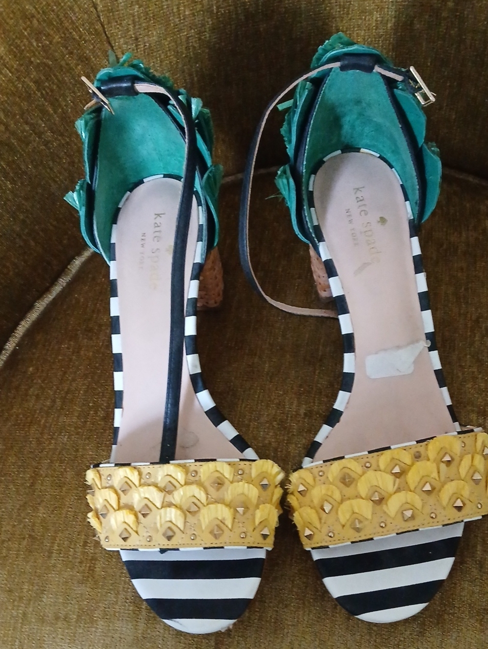 kate spade Teal and Yellow Embellished Striped Sandals